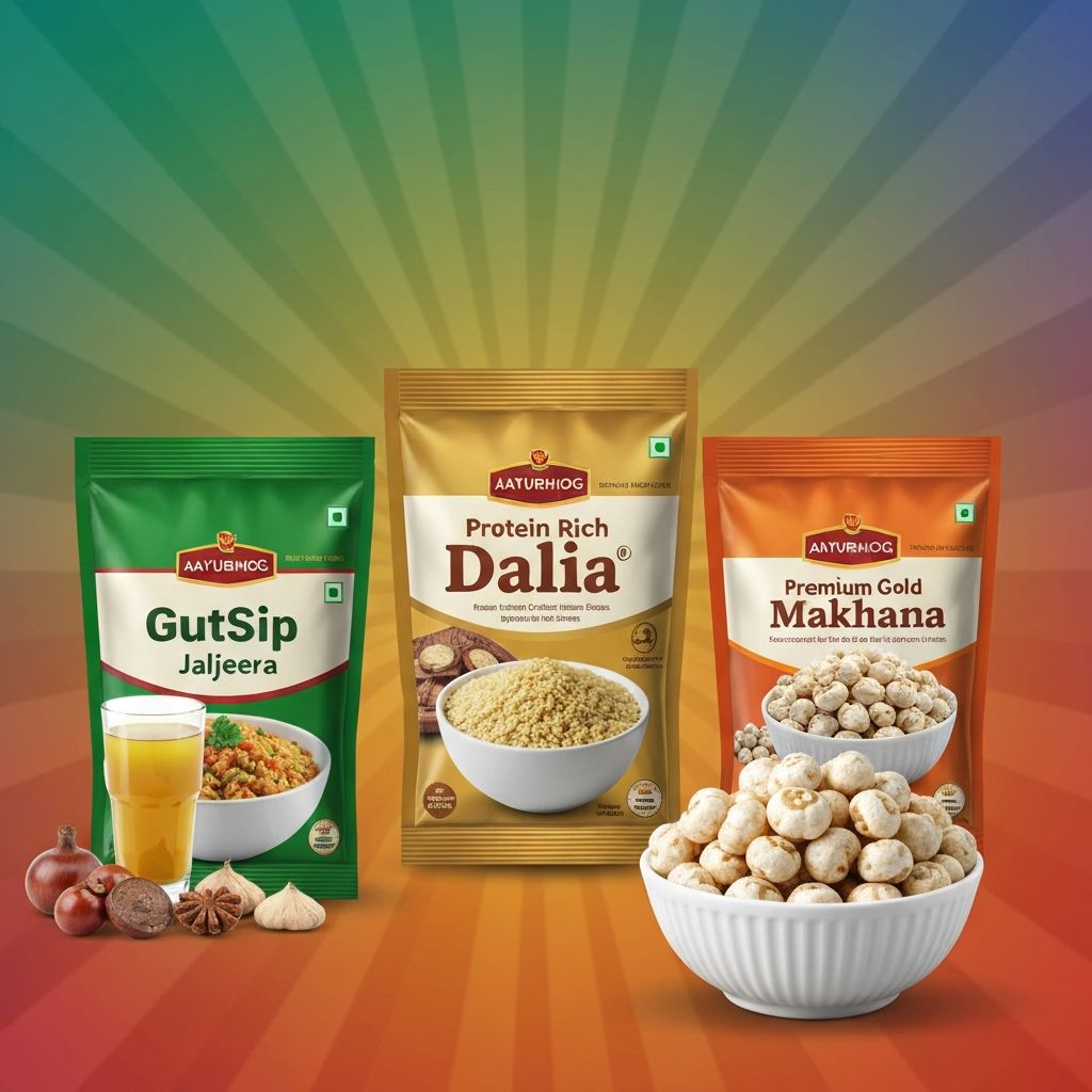 AAYURBHOG Product Range - GutSip, Dalia, and Makhana superfoods